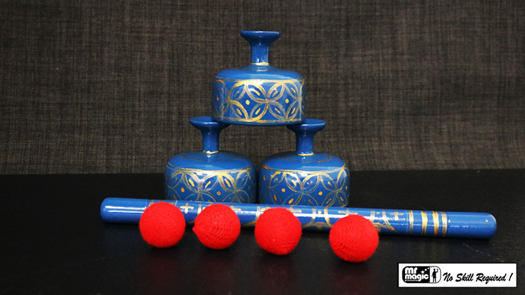 Indian Street Cups with Wand (Hand painted blue) by Mr. Magic Trick