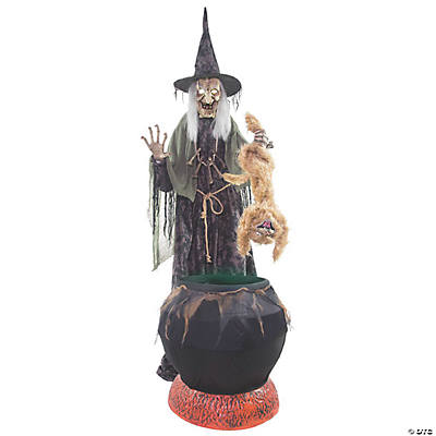 Animated Witch with Cat and Cauldron Halloween Decoration